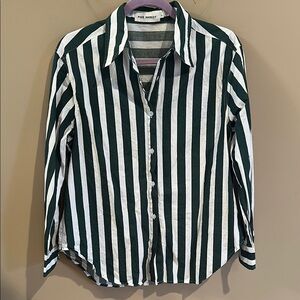 Pixie market Green and White Striped Button-Up Shirt